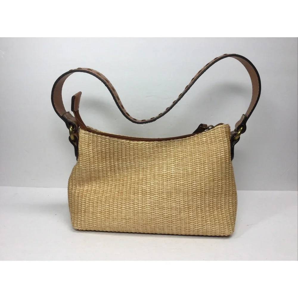 Vintage Fossil Straw Shoulder Bag Hobo Purse Beaded Accents‎ 9in x 6in